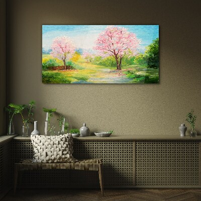 Spring trees in pink blossom Glass Wall Art