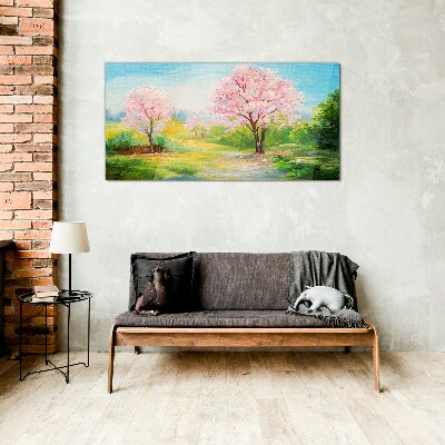 Spring trees in pink blossom Glass Wall Art