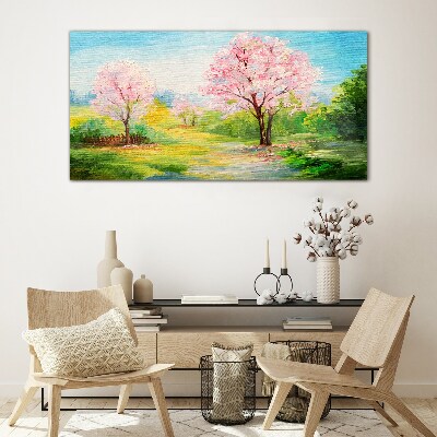 Spring trees in pink blossom Glass Wall Art