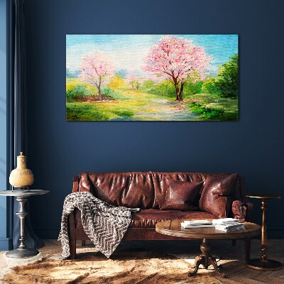 Spring trees in pink blossom Glass Wall Art
