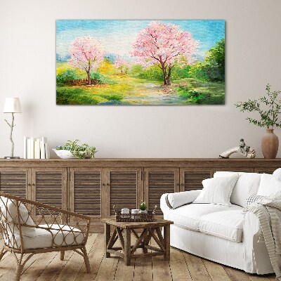 Spring trees in pink blossom Glass Wall Art