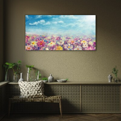 Floral landscape in blue Glass Wall Art