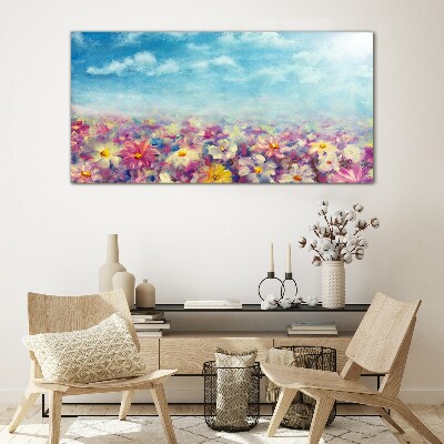 Floral landscape in blue Glass Wall Art