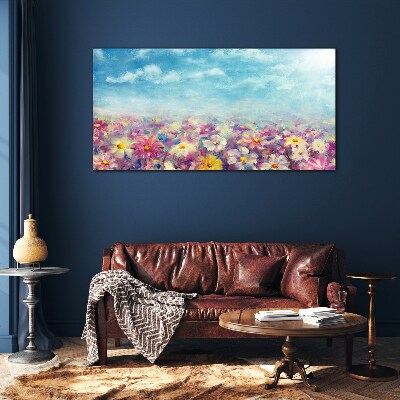 Floral landscape in blue Glass Wall Art