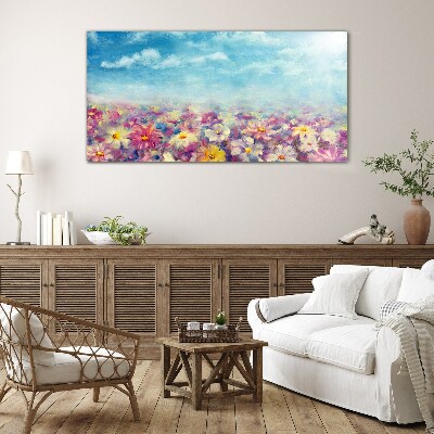 Floral landscape in blue Glass Wall Art