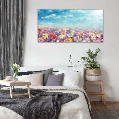 Floral landscape in blue Glass Wall Art