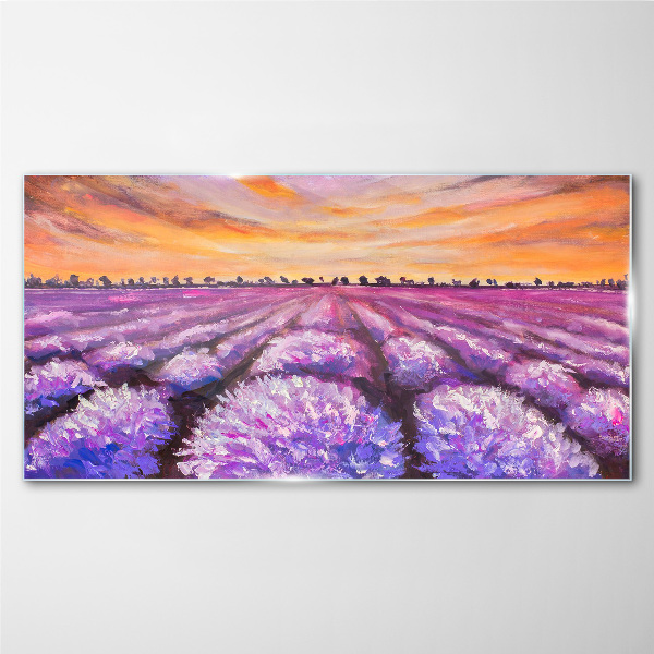 Purple lavender fields at sunset Glass Wall Art