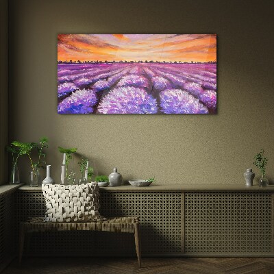Purple lavender fields at sunset Glass Wall Art