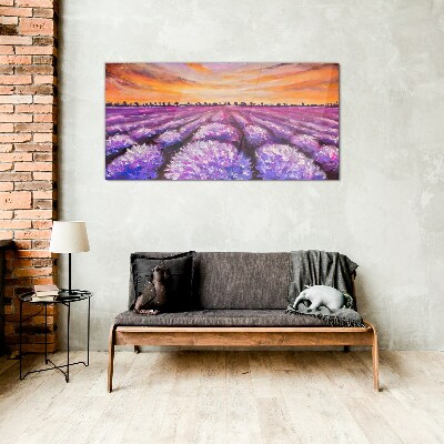 Purple lavender fields at sunset Glass Wall Art
