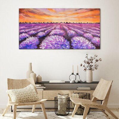 Purple lavender fields at sunset Glass Wall Art