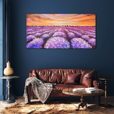 Purple lavender fields at sunset Glass Wall Art