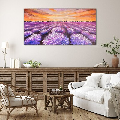 Purple lavender fields at sunset Glass Wall Art
