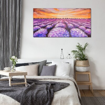 Purple lavender fields at sunset Glass Wall Art