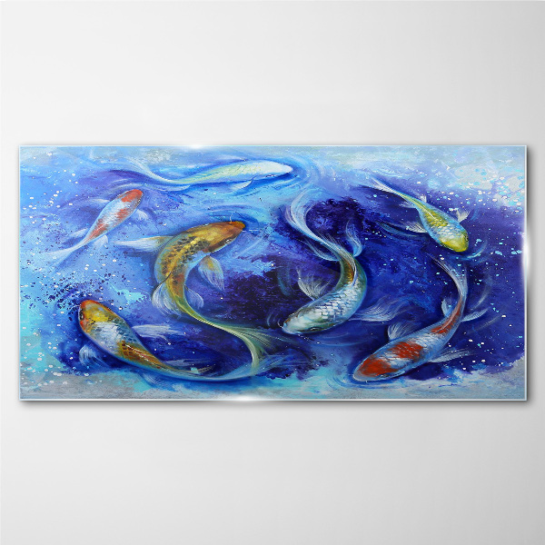 Carp Dance in Blue Water Glass Wall Art