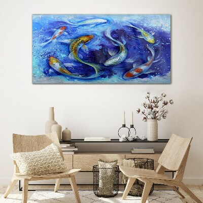 Carp Dance in Blue Water Glass Wall Art