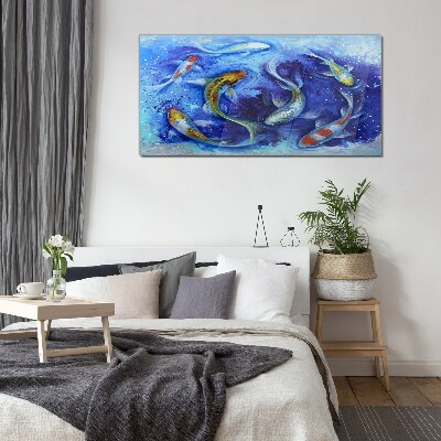 Carp Dance in Blue Water Glass Wall Art