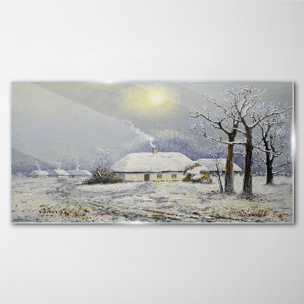 Winter landscape with a house Glass Wall Art