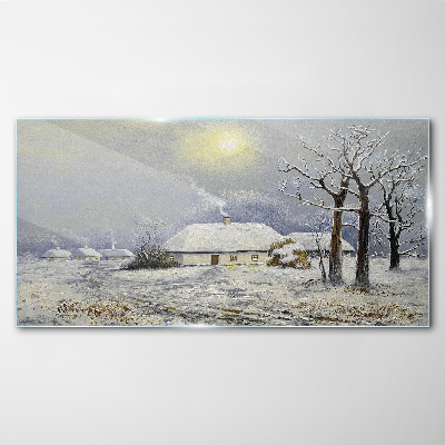 Winter landscape with a house Glass Wall Art