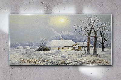Winter landscape with a house Glass Wall Art