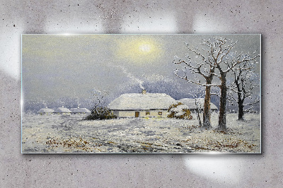 Winter tree hut village Glass Wall Art