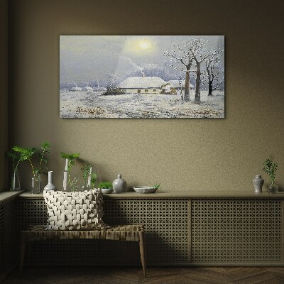 Winter landscape with a house Glass Wall Art