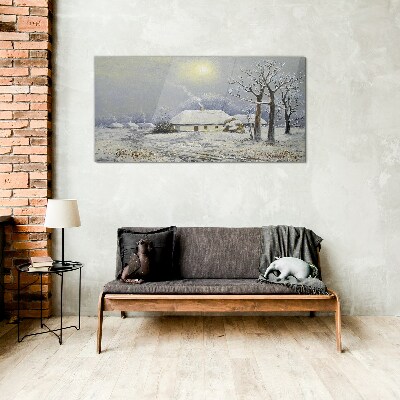 Winter landscape with a house Glass Wall Art