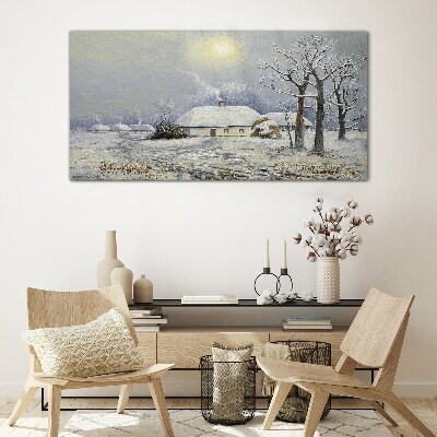 Winter landscape with a house Glass Wall Art