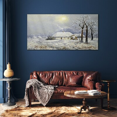 Winter landscape with a house Glass Wall Art