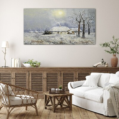 Winter landscape with a house Glass Wall Art