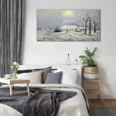 Winter landscape with a house Glass Wall Art