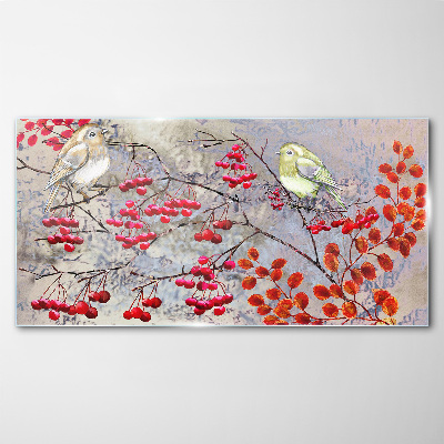 Birds on a branch with fruit Glass Wall Art