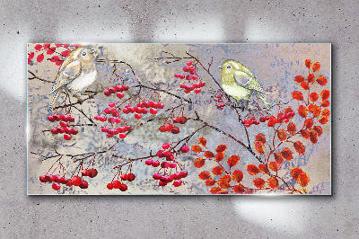 Birds on a branch with fruit Glass Wall Art