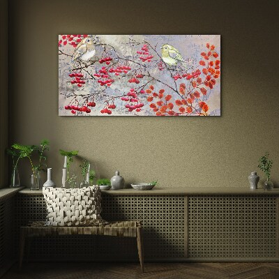 Birds on a branch with fruit Glass Wall Art