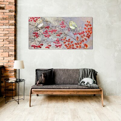 Birds on a branch with fruit Glass Wall Art