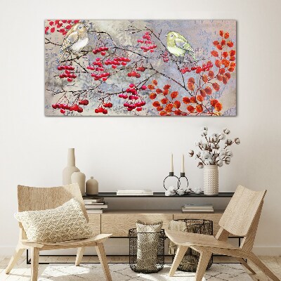 Birds on a branch with fruit Glass Wall Art