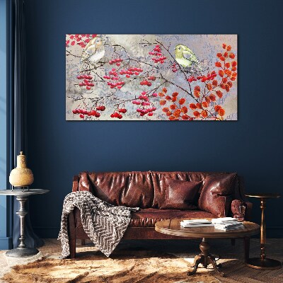 Birds on a branch with fruit Glass Wall Art