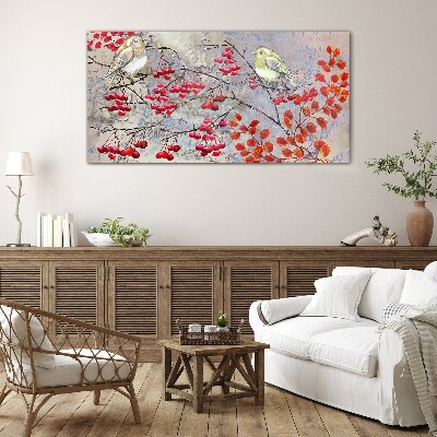 Birds on a branch with fruit Glass Wall Art