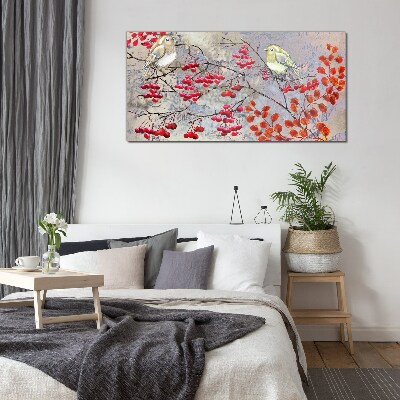 Birds on a branch with fruit Glass Wall Art