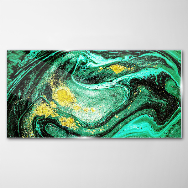 Gold accents on a green background Glass Wall Art