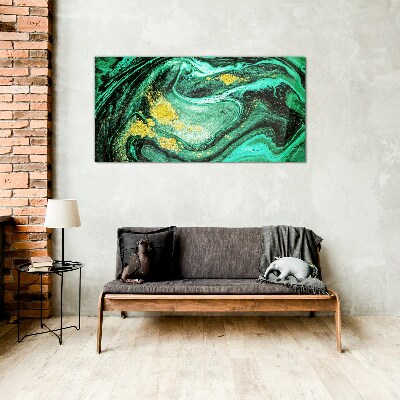 Gold accents on a green background Glass Wall Art