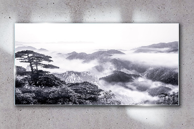 Mountain forest fog Glass Wall Art