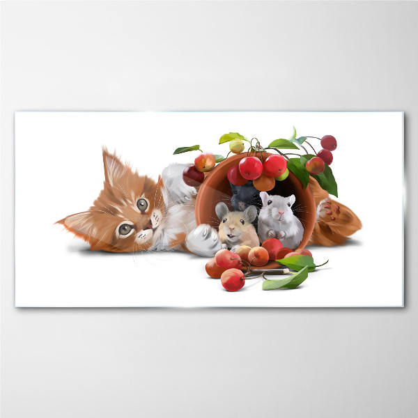 Cat with mice and fruit Glass Wall Art