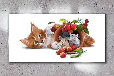 Cat with mice and fruit Glass Wall Art