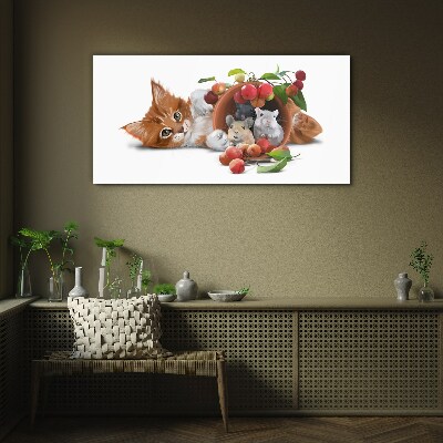 Cat with mice and fruit Glass Wall Art