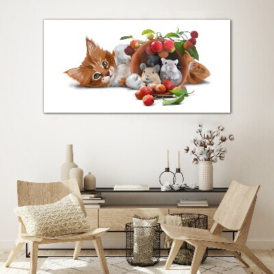 Cat with mice and fruit Glass Wall Art