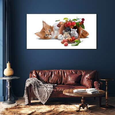 Cat with mice and fruit Glass Wall Art