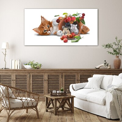 Cat with mice and fruit Glass Wall Art