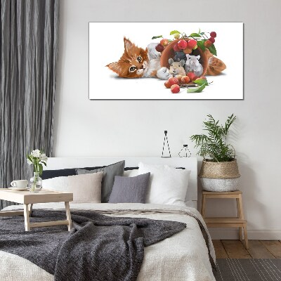 Cat with mice and fruit Glass Wall Art