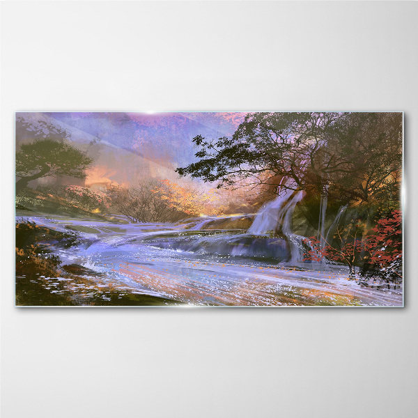 Peaceful landscape with a waterfall Glass Wall Art