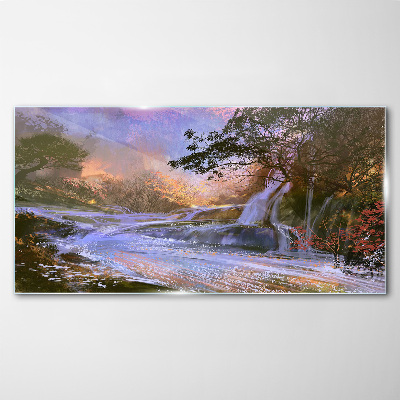 Peaceful landscape with a waterfall Glass Wall Art